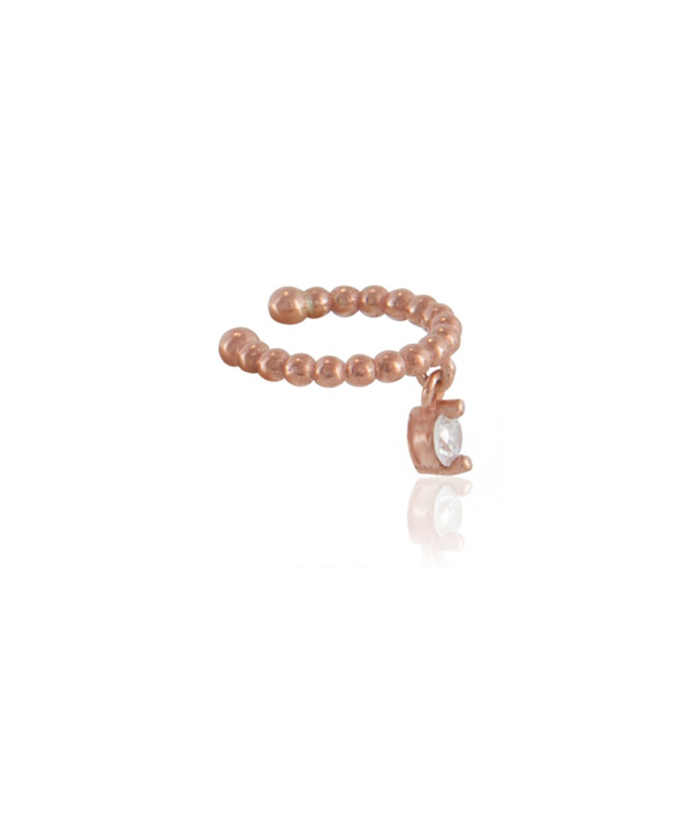 Ασημένιο μονό Ear Cuff σκουλαρίκι επιχρυσωμένο με ροζ χρυσό με διακοσμητικές μπίλιες και κρεμαστό λευκό ζιργκόν. Το ασημένιο κόσμημα που δεν χρειάζεται τρύπα για να φορεθεί