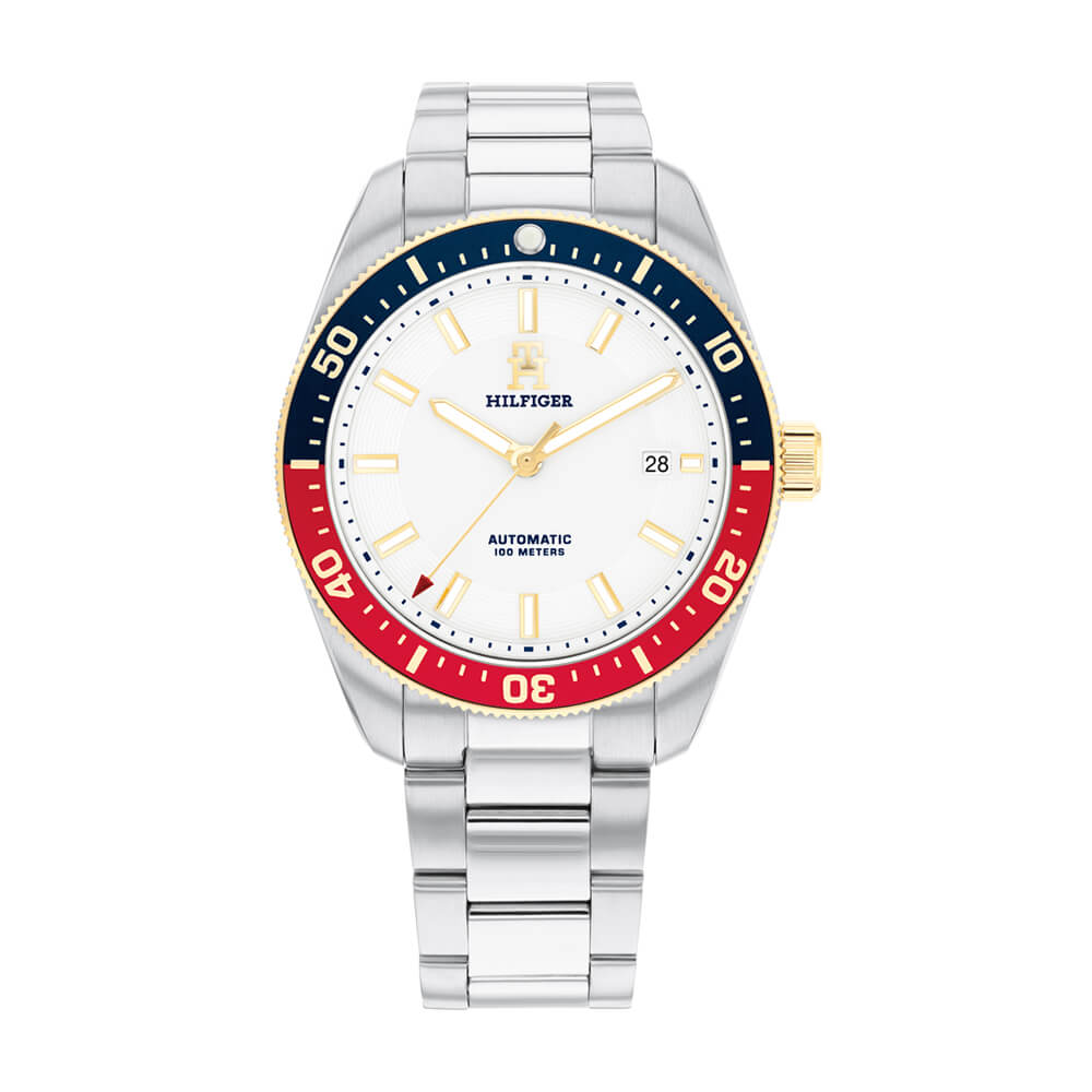 Ανδρικό αυτόματο ρολόι της εταιρίας Tommy Hilfiger με λευκό καντράν και μπρασελέ σε ασημί χρώμα. Διαθέτει αυτόματο μηχανισμό που επιτρέπει να αποφεύγεται το χειροκίνητο κούρδισμα