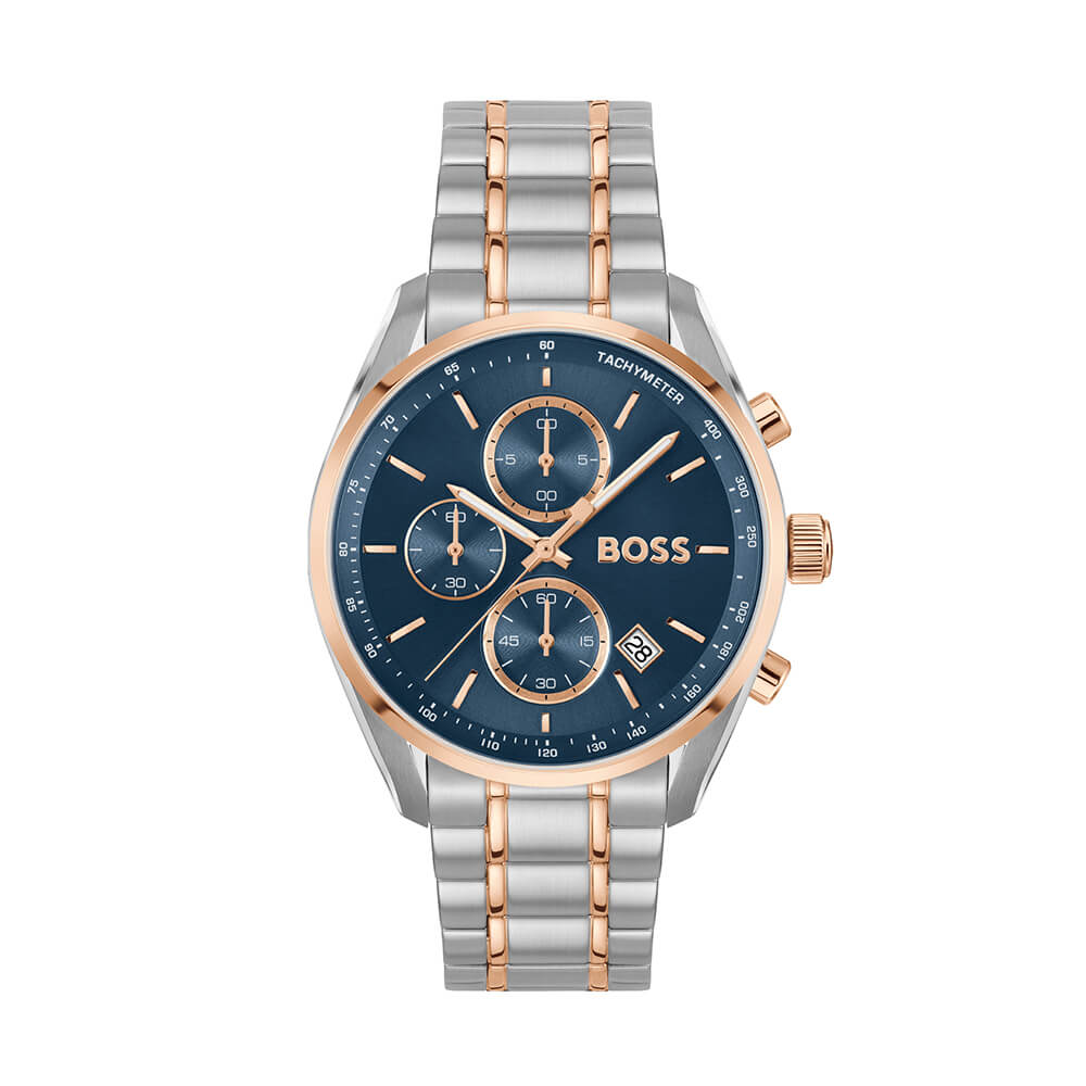 Ανδρικό ρολόι χρονογράφος της εταιρίας Hugo Boss με σκούρο μπλέ καντράν και μπρασελέ σε ασημί & ρόζ χρυσό χρώμα. Διαθέτει μηχανισμό μπαταρίας