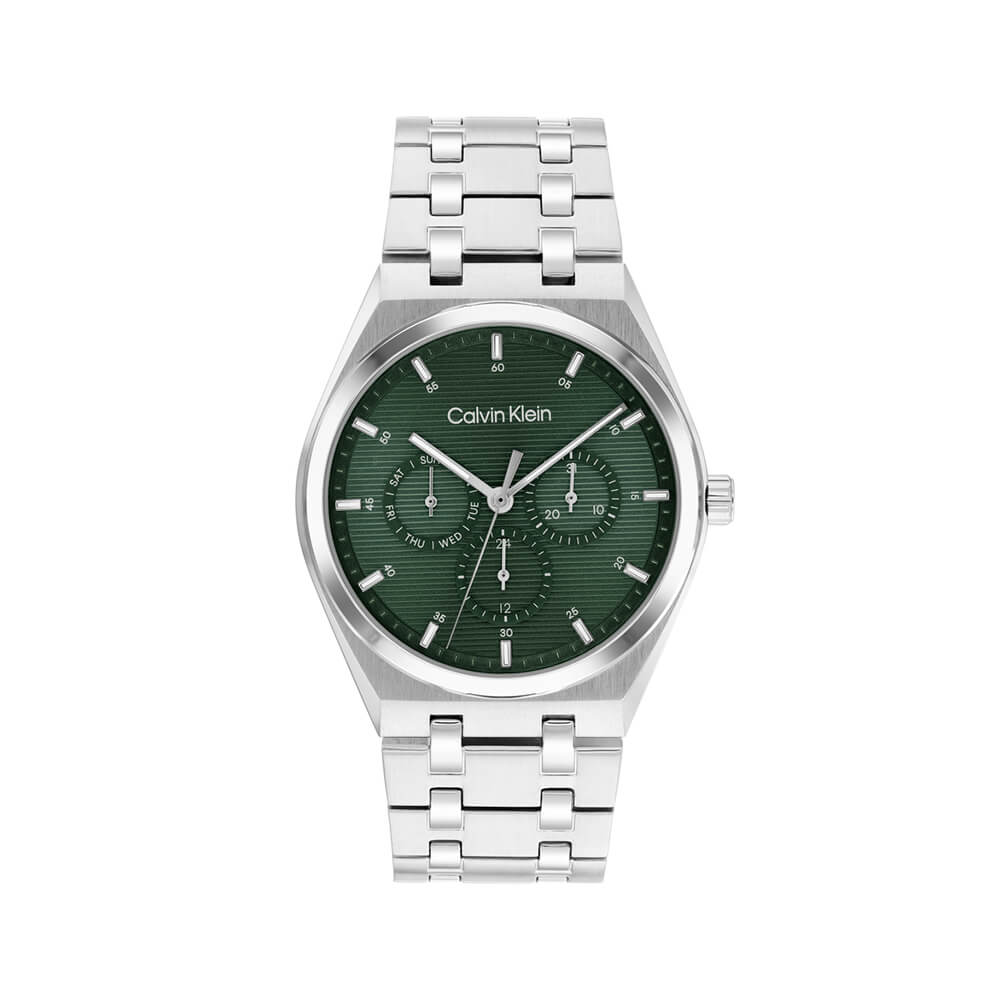 Men's analog chronograph watch from Calvin Klein with a green dial & silver bracelet. It has a battery mechanism