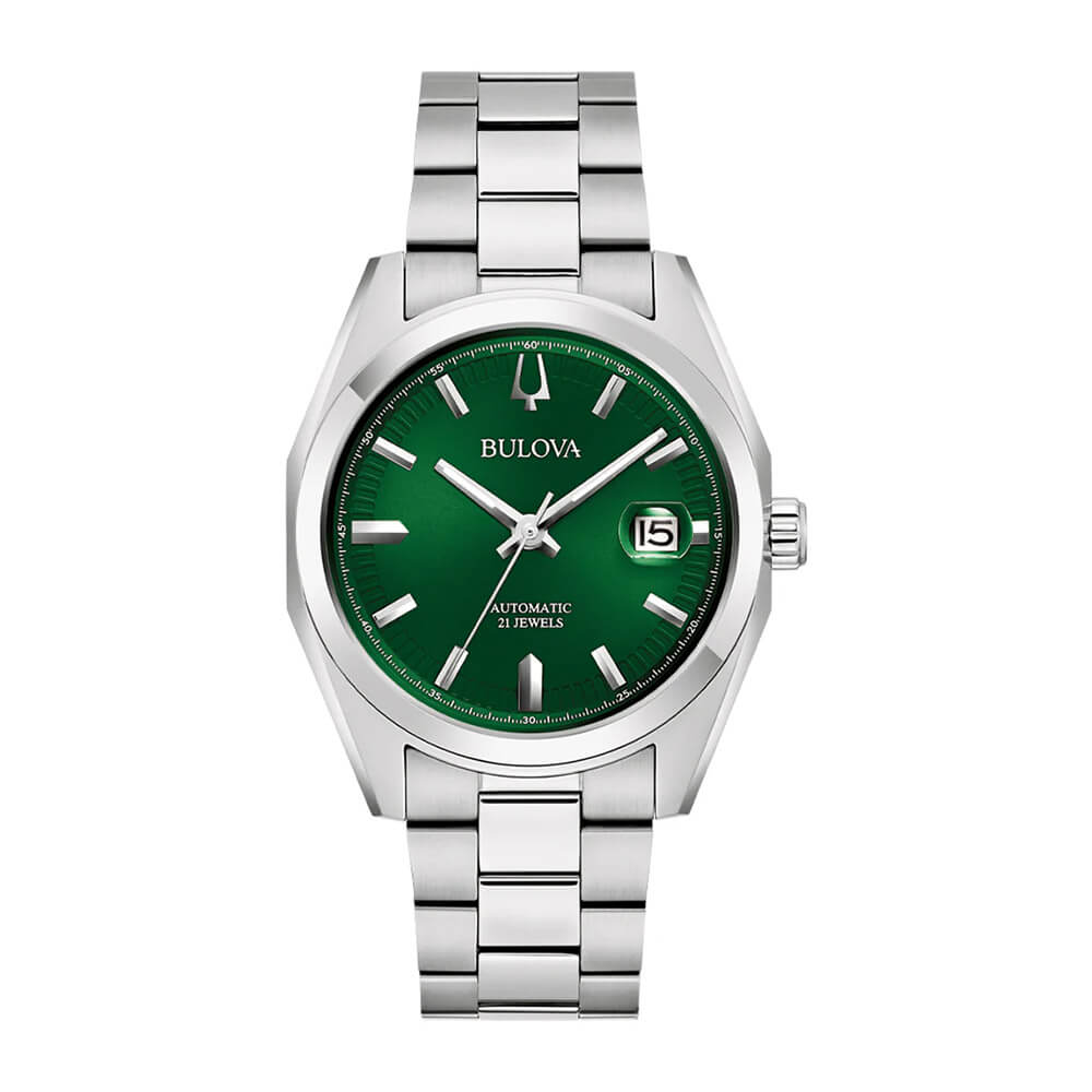 Ανδρικό ρολόι Bulova Automatic από ανοξείδωτο ατσάλι με πράσινο καντράν και ασημί μπρασελέ. Διαθέτει αυτόματο μηχανισμό με 21 ρουμπίνια & αυτονομία 40 ωρών.  Συνοδεύεται από αυθεντική συσκευασία Bulova®.